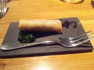 Springrolls with a duck confit filling wt spinach and olive crumble