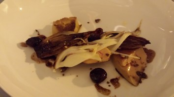 fresh duck foie gras with balsamic vinaigrette, hazelnut crumble, cranberries and caramelized endives