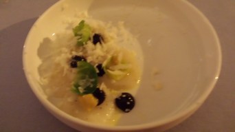 fresh scallops with cauliflower shavings and olive cream