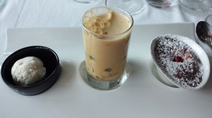 Trio of desserts Almond ice, Port sabayon, lemon souffle