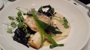 Monkfish with leeks, lentils , Horn of plenty mushroom  and lardo di colonnata