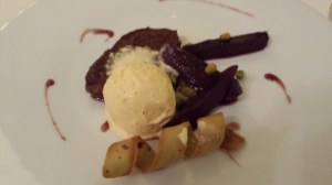 French toast of gingerbread, pears poached in red wine